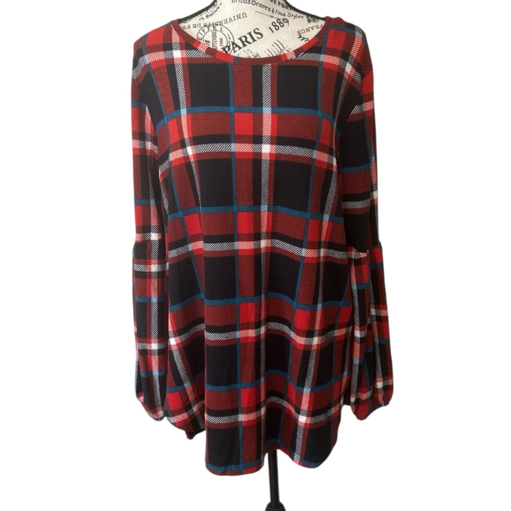 Lildy Plaid Round Hem Bishop Long Sleeve Tunic Top NEW